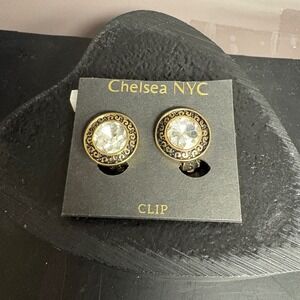 Chelsea NYC Clip-On Earrings | Clear Crystal Studs with Antiqued Gold Scroll